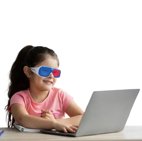 Child using Bynocs anaglyph glasses with the therapy software